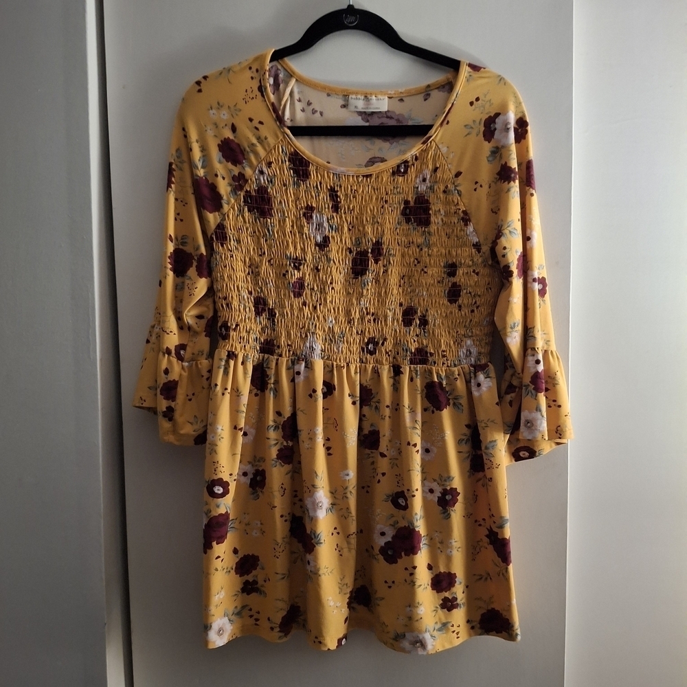 Bobbie Brooks Women's Yellow And Red Smocked Mini Dress 3/4 Sleeve